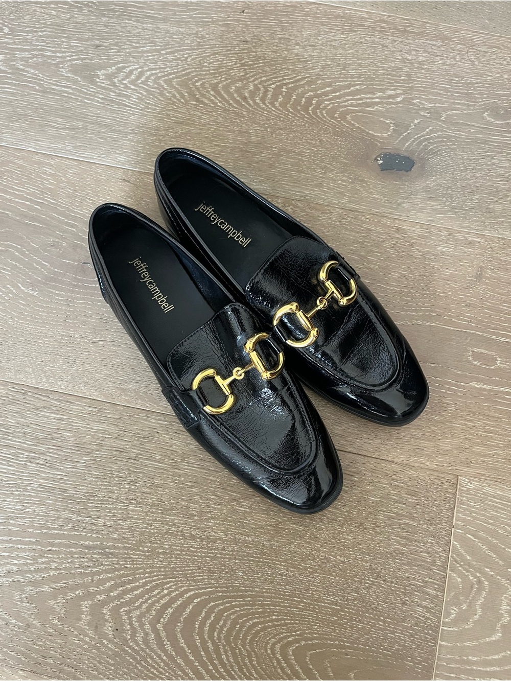 Jeffrey Campbell Velviteen Black Patent Leather Loafers with Gold Horsebit 7